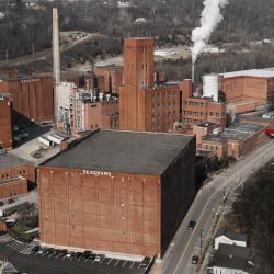 The red brick historic Seagram distillery in Lawrenceburg, IN