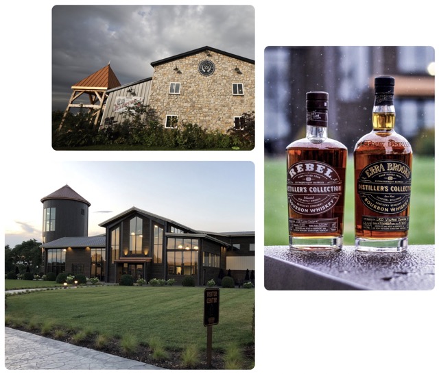 3 photos: Lux Row distllery, Limestone Branch distillery, and two bottles of bourbon